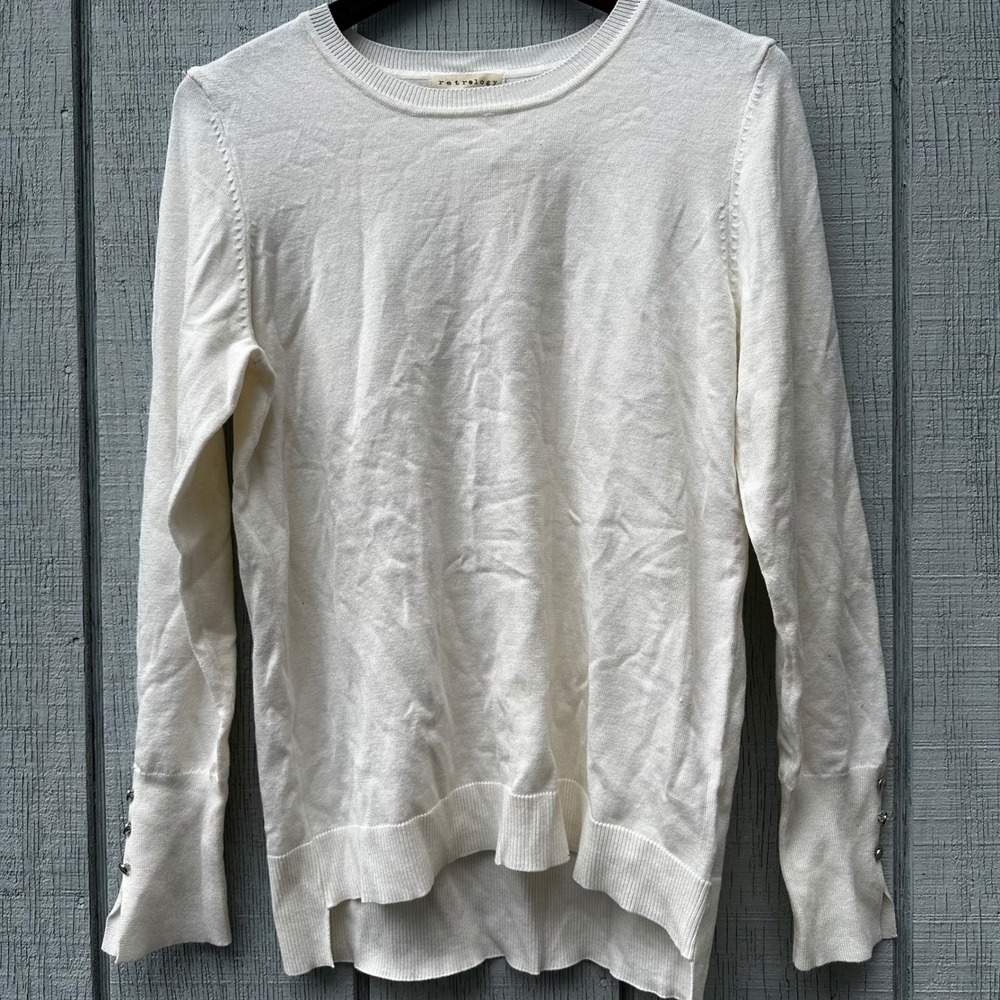 Retrology Womens Long Sleeve Crew Neck Button Cuff Sweater Ivory Sz L Minimalist